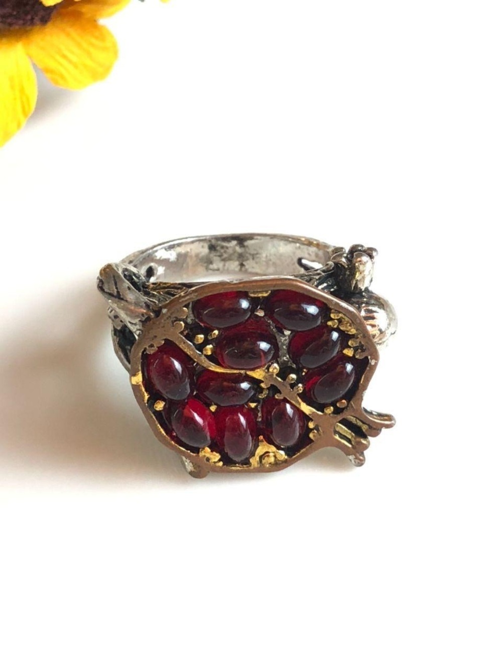 Gold-Accented Pomegranate Ring with Deep Red Stones